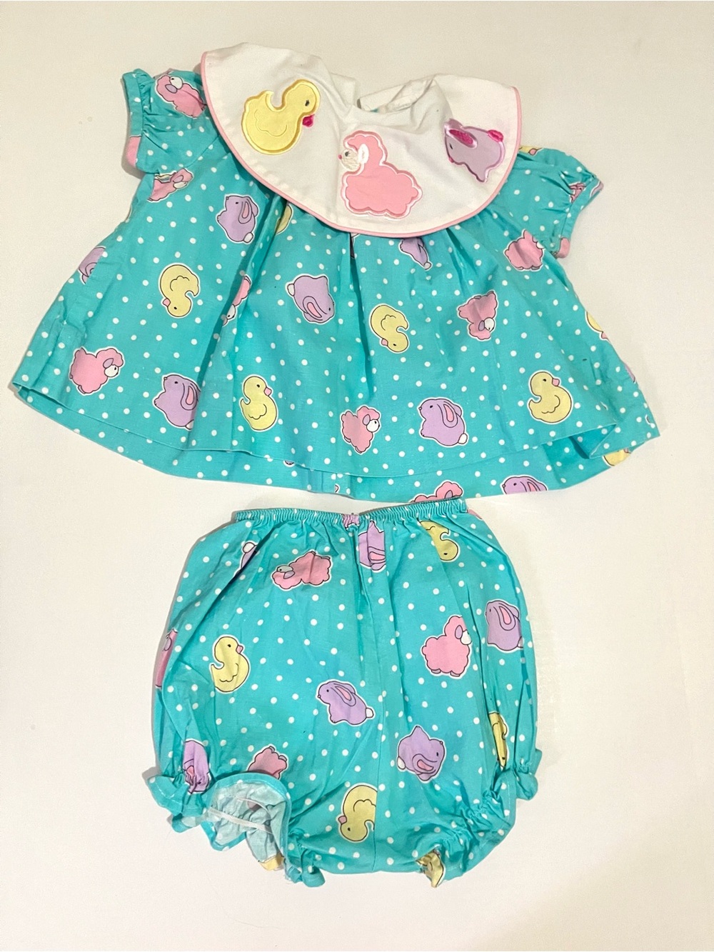 Vintage Baby Girls Teal Polka Dot Duck Print Two-Piece Set